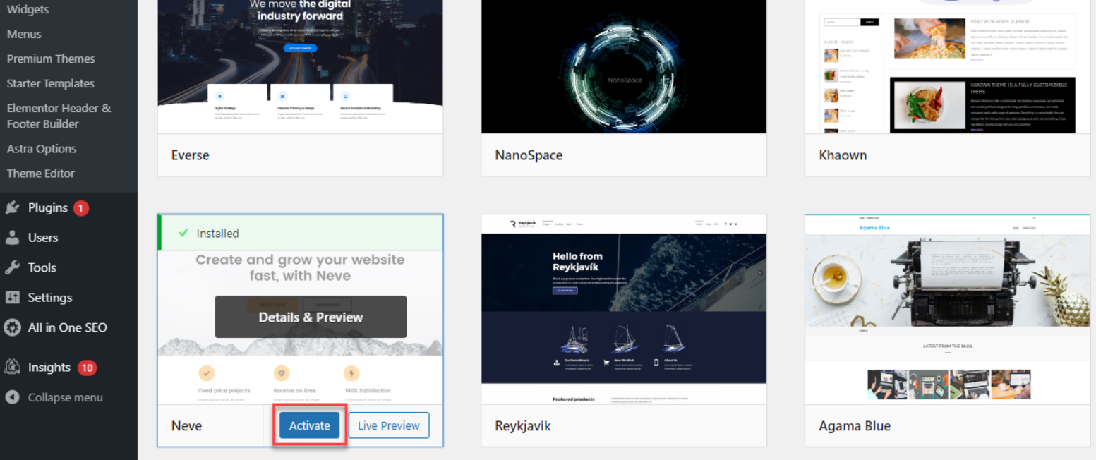 WordPress Theme Activate Bluehost